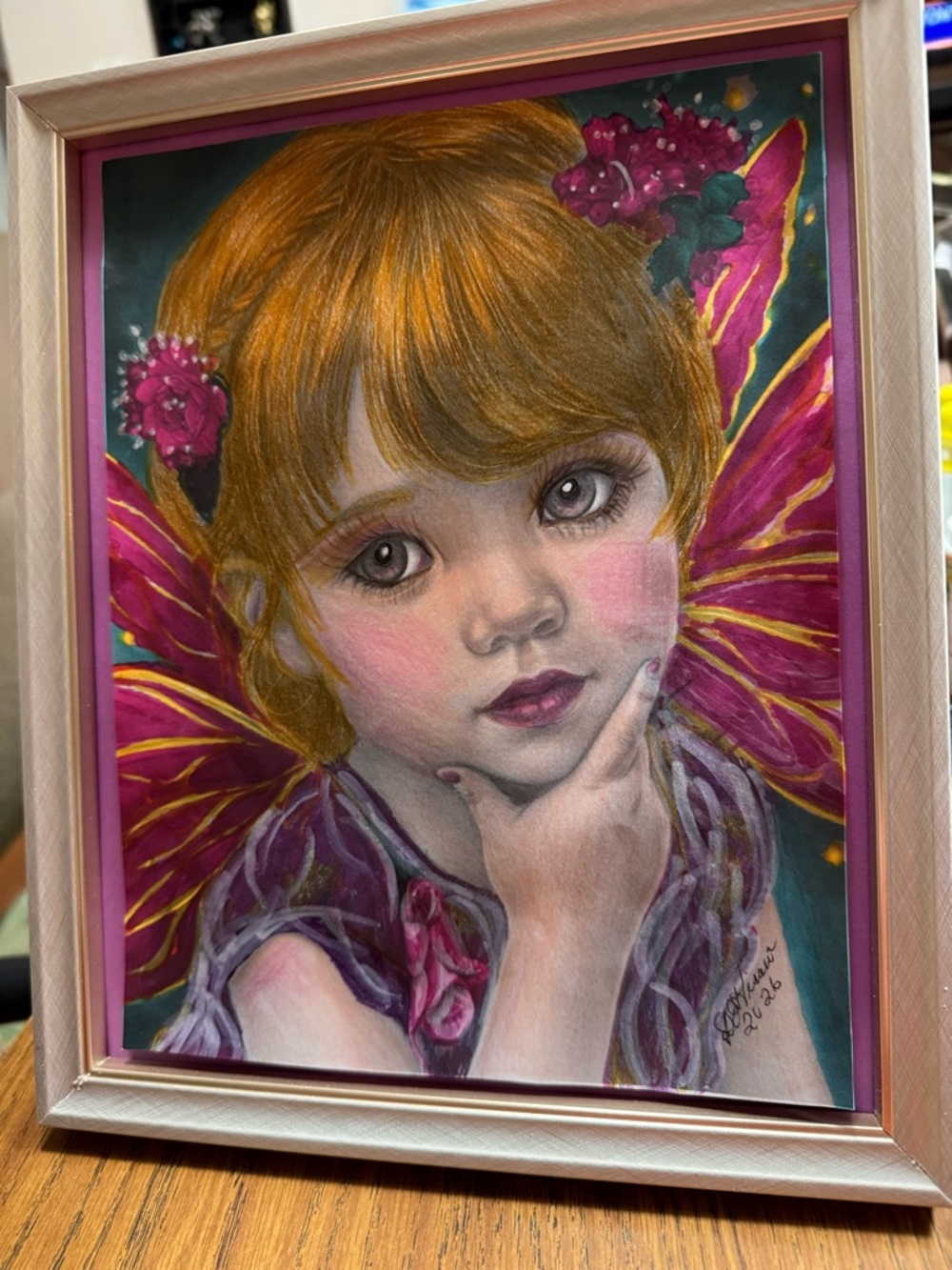 Framed Fairy Portrait Art in Pink and Gold Tones